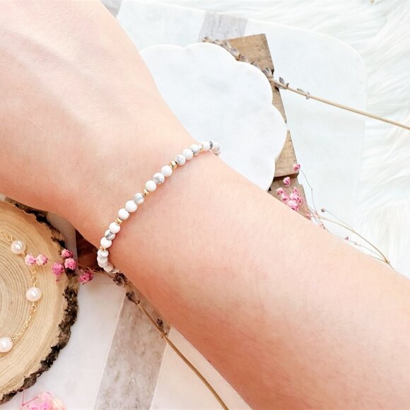 New Mini Howlite Beads Gold Bracelet | Handmade in British Columbia - Picture 2 of 5